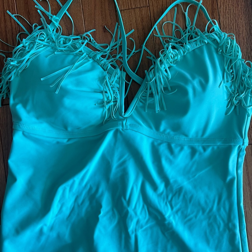 Blue Embellished Bustier Camisole Swim Top